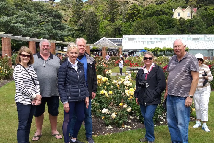 a group of people standing in the grass