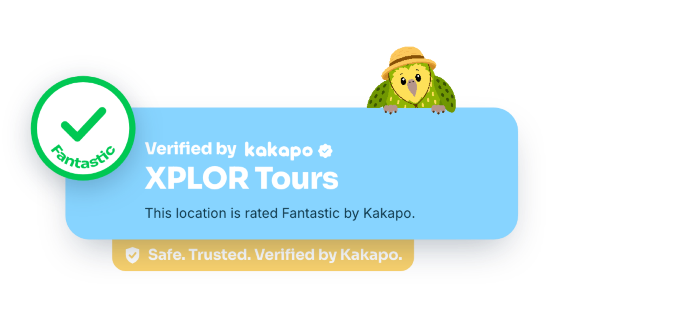Verified XPLOR Tours by Kakapo with cartoon bird in hat and checkmark.
