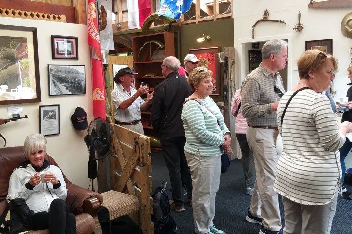a group of people standing in a room